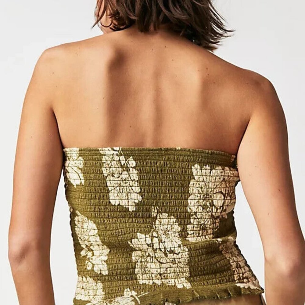 Free People Poppy Tube Top Army Green Combo Strapless Smocked XS - Picture 3 of 8